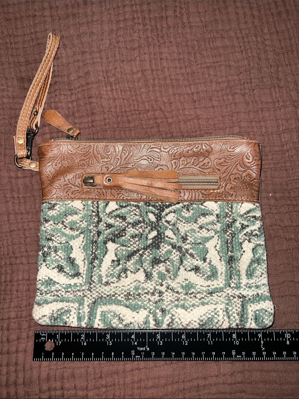 Green Patterned Wristlet Clutch with Brown Leather Trim Myra bag